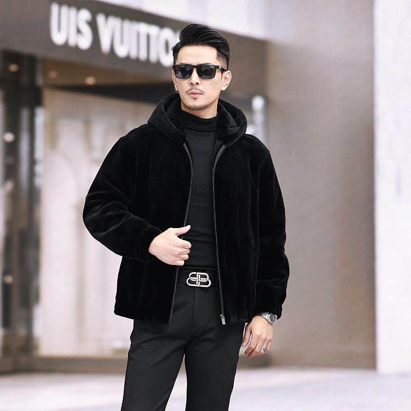 宝嘉美整貂真貂天鹅绒短毛连帽皮草进口美国貂貂皮大衣外套男