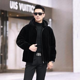 宝嘉美整貂真貂天鹅绒短毛连帽皮草进口美国貂貂皮大衣外套男