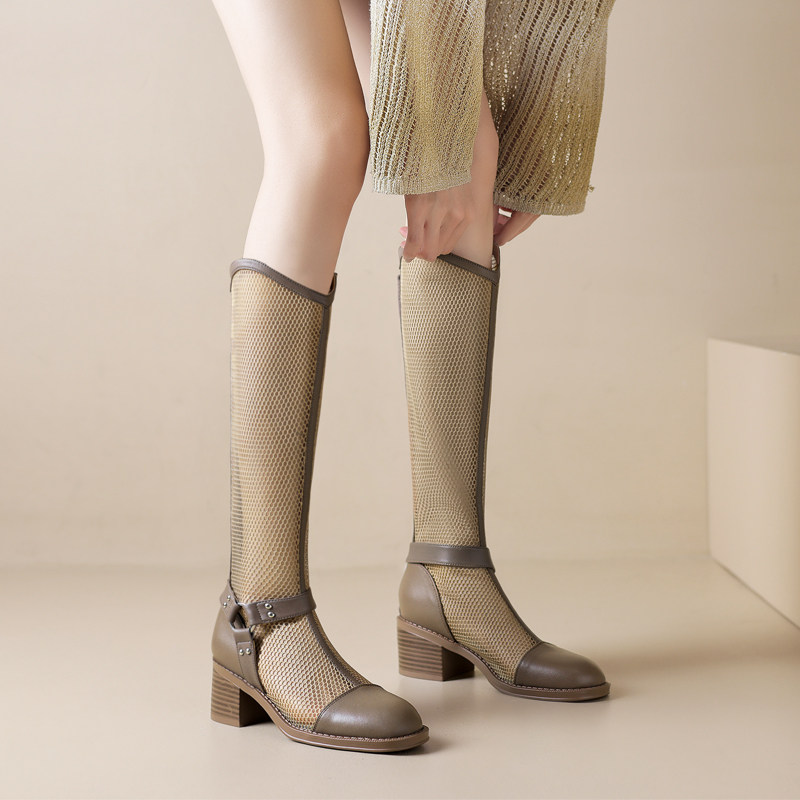 凌子liz夏季薄款英伦长筒骑士凉靴女真皮粗跟金属扣网纱镂空网靴