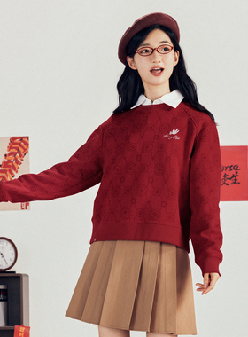 乔丹新年红色卫衣女2026春透气圆领运动针织套头衫QDLWD2261245B