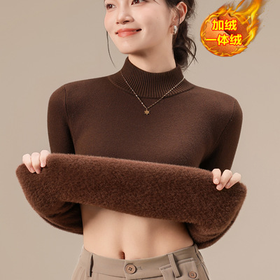 半高领加绒毛衣女加厚一体绒