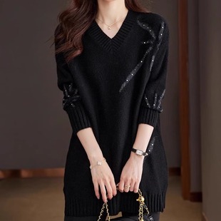 镶钻秋冬宽松加胖遮屁股加厚针织线衣 毛衣女装 2025新款 V领中长款