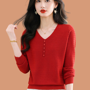 上衣线衣 针织打底衫 v领毛衣女士春秋2025新款 洋气质妈妈宽松薄款