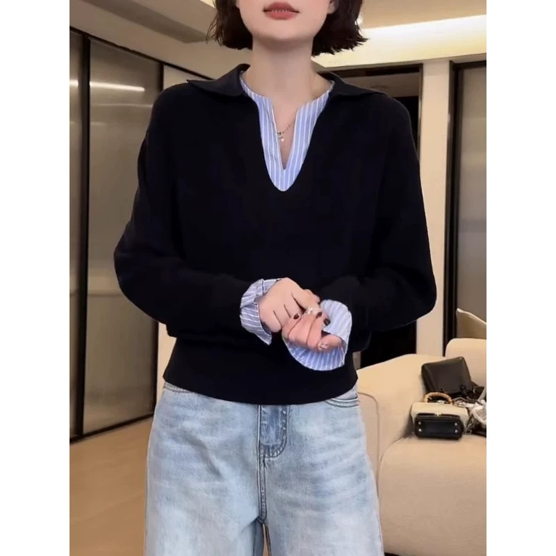 女大码假两件V领撞色针织衫