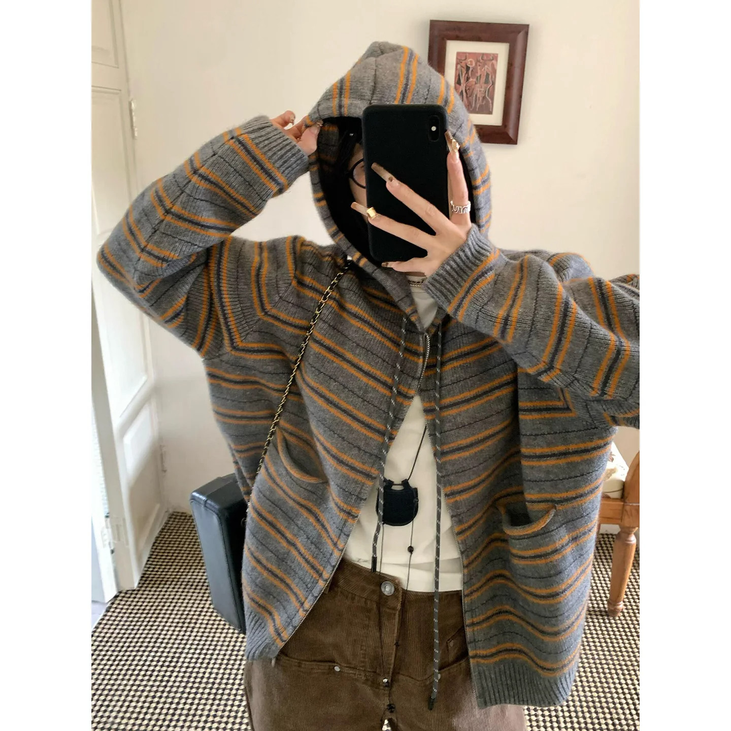 秋冬韩系连帽拉链条纹针织开衫