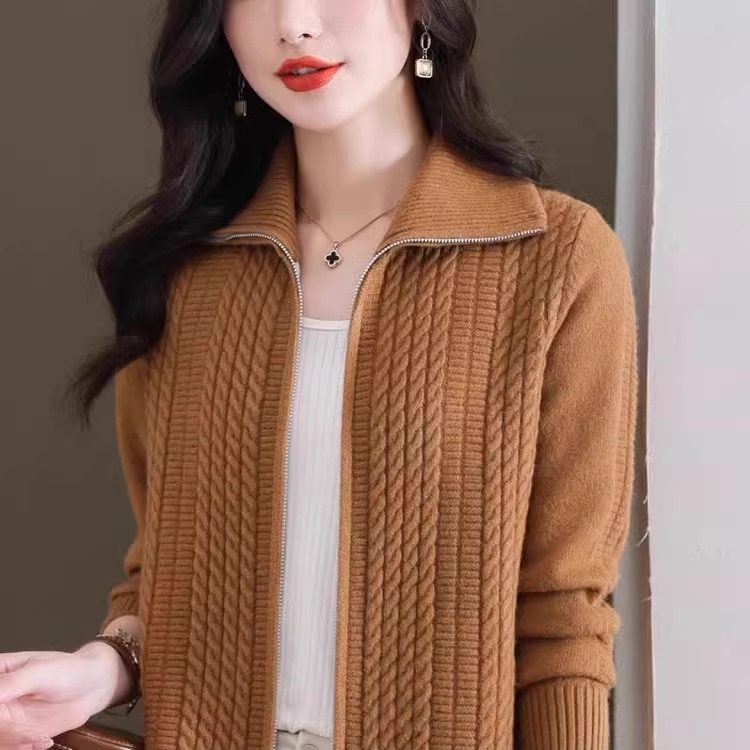 秋装2025新款提花毛衣外套女装翻领拉链宽松麻花针织开衫上衣线衣