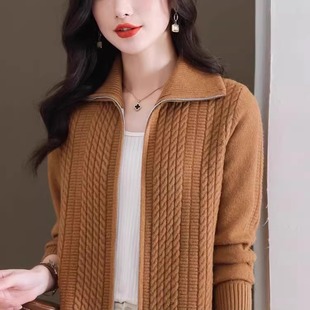 翻领拉链宽松麻花针织开衫 提花毛衣外套女装 上衣线衣 2025新款 秋装