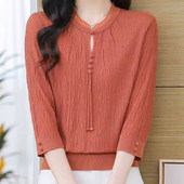 欧货桑蚕丝春夏新款 上衣 针织打底衫 七分袖 t恤女士洋气蕾丝领中式