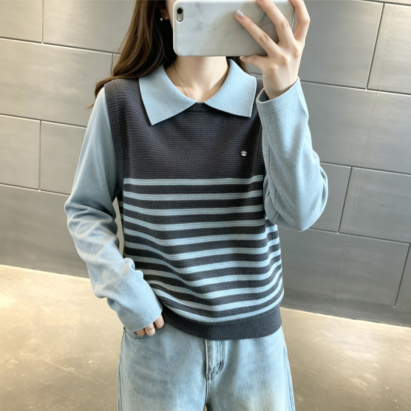 学院风翻领假两件条纹针织衫女