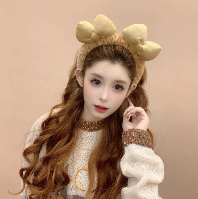 高颅顶少女ins发卡可爱卡通蝴蝶结发箍女毛绒头箍洗脸拍照发饰宽