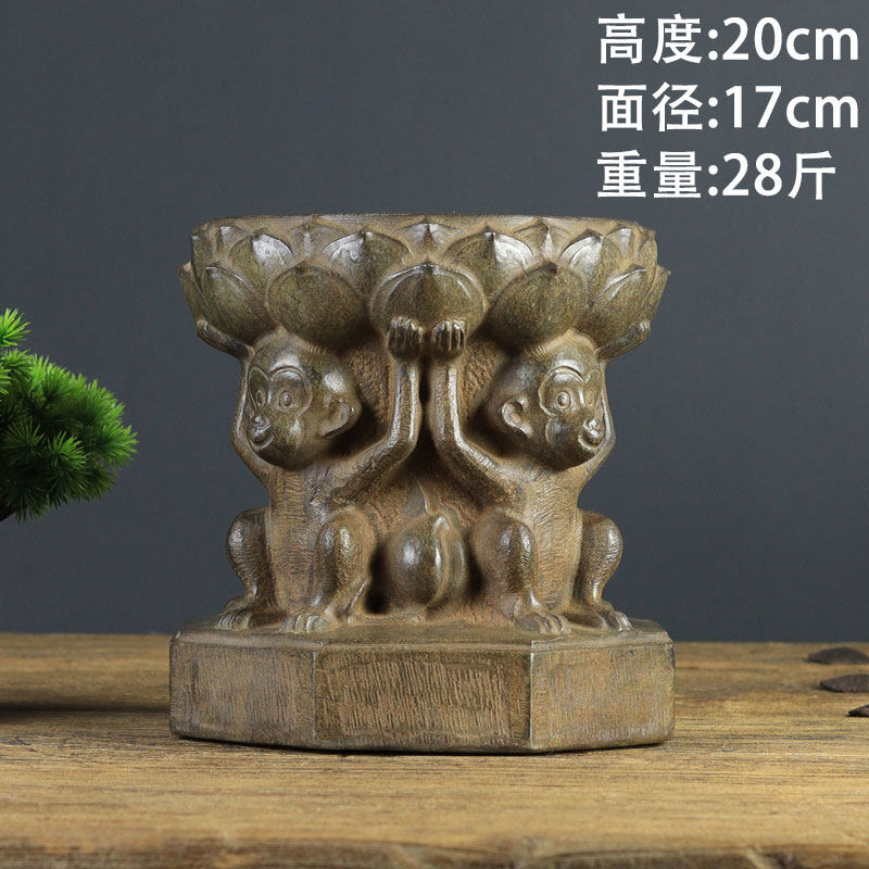 中式复古做旧青石客厅石头摆件 猴顶莲花八棱石墩石底座石柱门墩