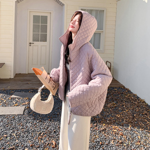 紫色夹棉轻薄款羽绒棉服外套女秋冬连帽韩系棉衣加棉外套棉袄爆款图片
