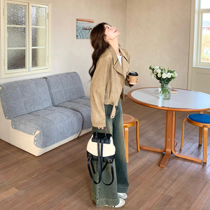卡其色复古麂皮绒外套女2025春季新款又酷又飒休闲短款机车风上衣图片