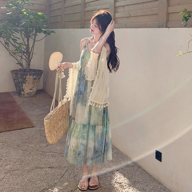 流苏罩衫晕染吊带连衣裙套装女夏2025新款独特漂亮长裙巨好看甜美,女装连衣裙,浙宝139