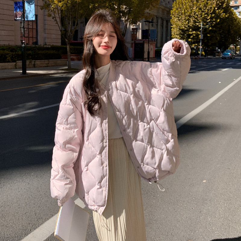 粉色菱格轻薄羽绒服女2025冬季新款韩版宽松慵懒保暖白鸭绒外套潮,女装羽绒服,浙宝139