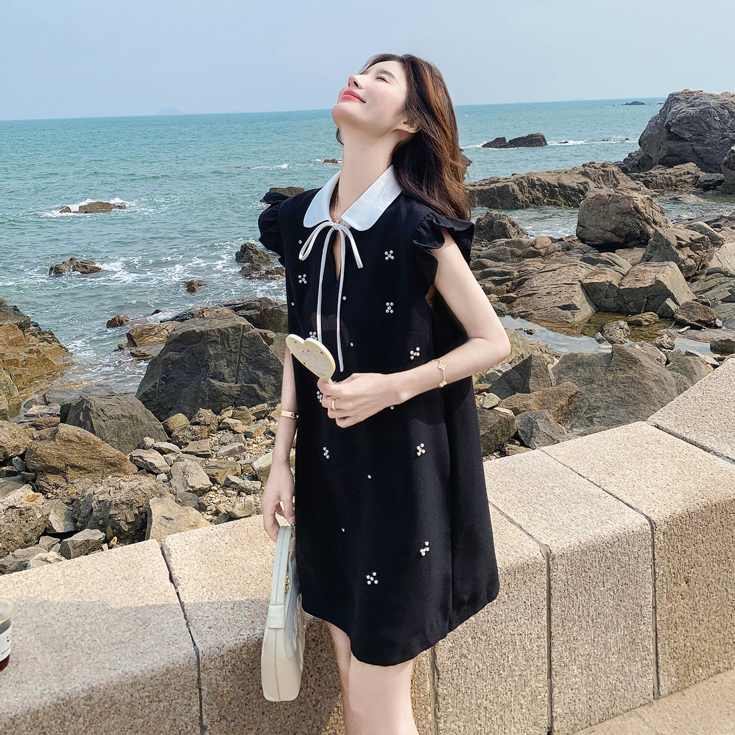 小香风飞飞袖连衣裙女夏2025新款赫本风衬衫裙a字裙小黑裙超火潮,女装连衣裙,浙宝139