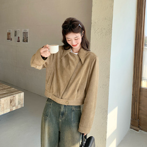 卡其色复古麂皮绒外套女2025春季新款又酷又飒休闲短款机车风上衣图片