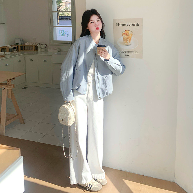 蓝色立领皮衣外套女2025春季新款韩系小个子休闲百搭短款PU皮夹克,女装皮衣,浙宝139