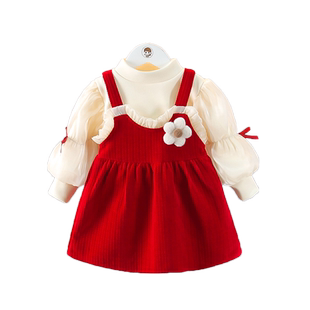 女童连衣裙春秋时髦2件套裙3岁公主裙洋气加绒套装女宝宝周岁礼服