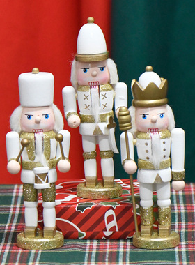 新品15CM套三怀旧胡桃夹子朋友手工圣诞送礼摆件白金色木偶人复古