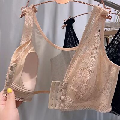 胖MM大码无钢圈无海绵兔耳朵前扣背心式性感蕾丝大胸显小文胸薄款