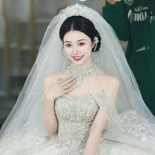 珍珠水钻头纱超闪拖尾主婚纱头纱