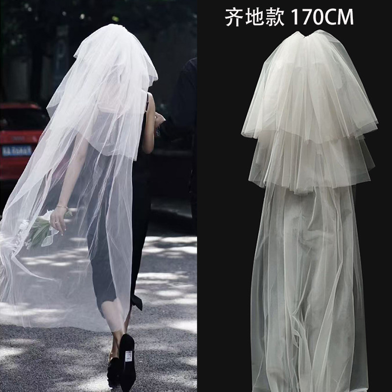 新娘婚纱遮面头纱素纱三层蓬蓬纱超仙森系多层乳白色领证齐地款