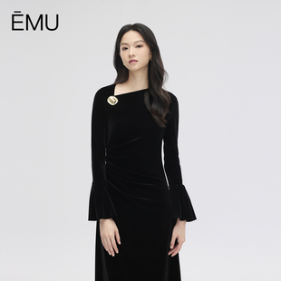 优雅魅力气质晚装 钟袖 晚宴服 连衣裙2025秋季 依妙EMU斜领丝绒长袖