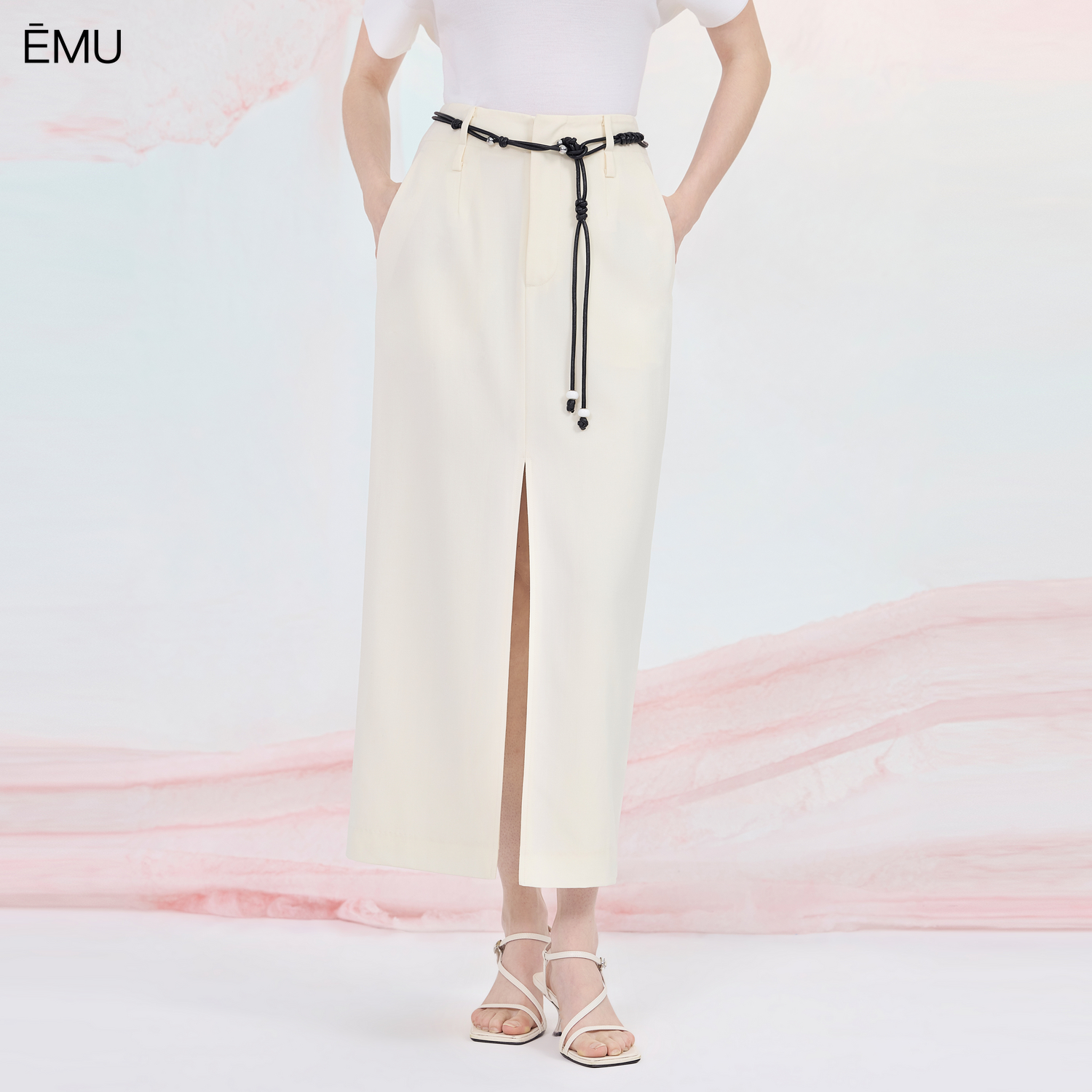 依妙EMU前开叉大口袋直筒长款半裙2025夏款高腰百搭羊毛长裙