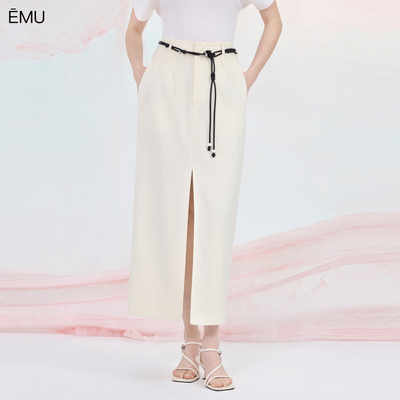 依妙EMU前开叉大口袋直筒长款半裙2025夏款高腰百搭羊毛长裙