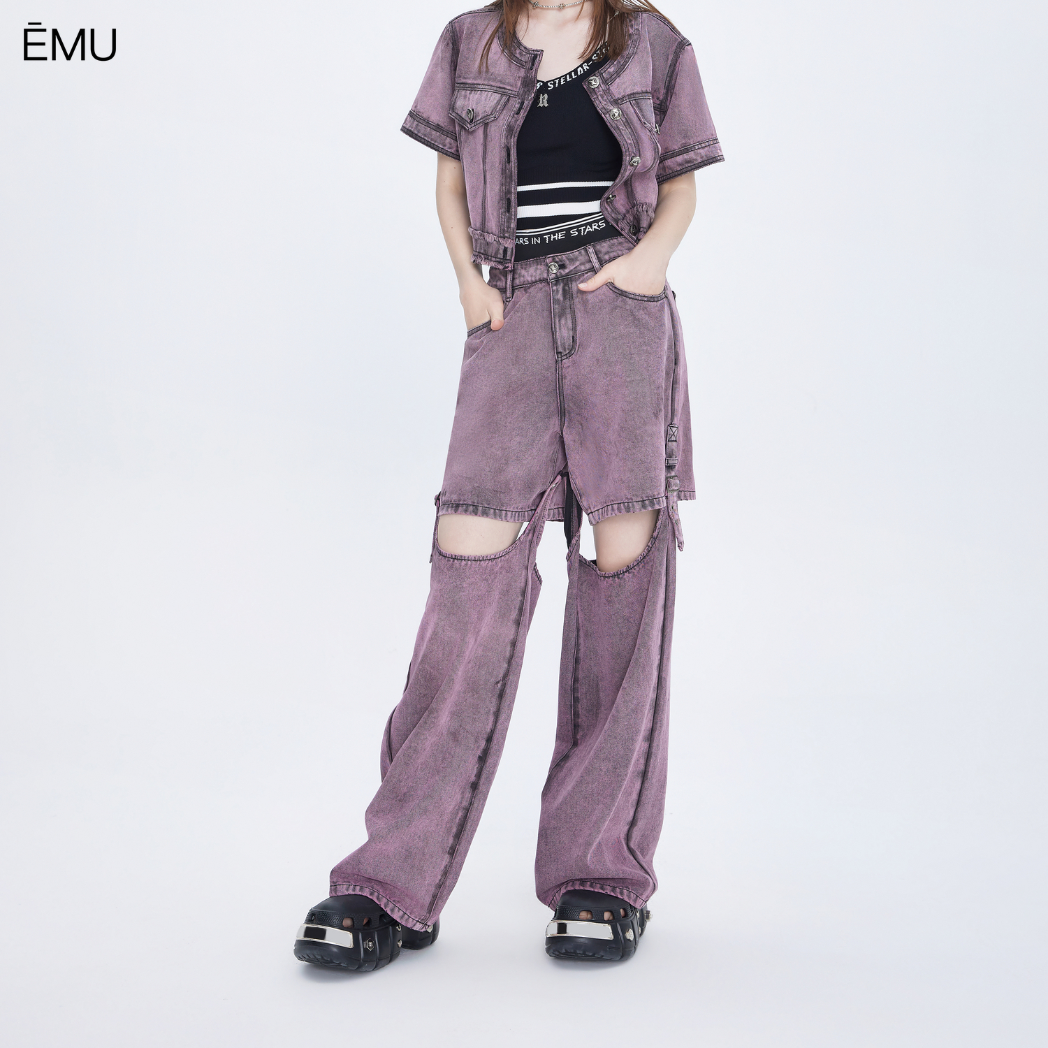 依妙EMU复古做旧镂空牛仔裤女2025夏款设计感潮流宽松阔腿长裤