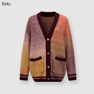 依妙EMU渐变毛织外套秋季复古撞色双口袋V领长袖开衫软糯宽松毛衣