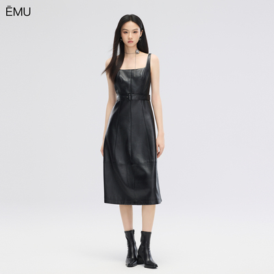 依妙EMU秋季方领吊带港风气质皮裙休闲半露背PU中长裙（配腰带）