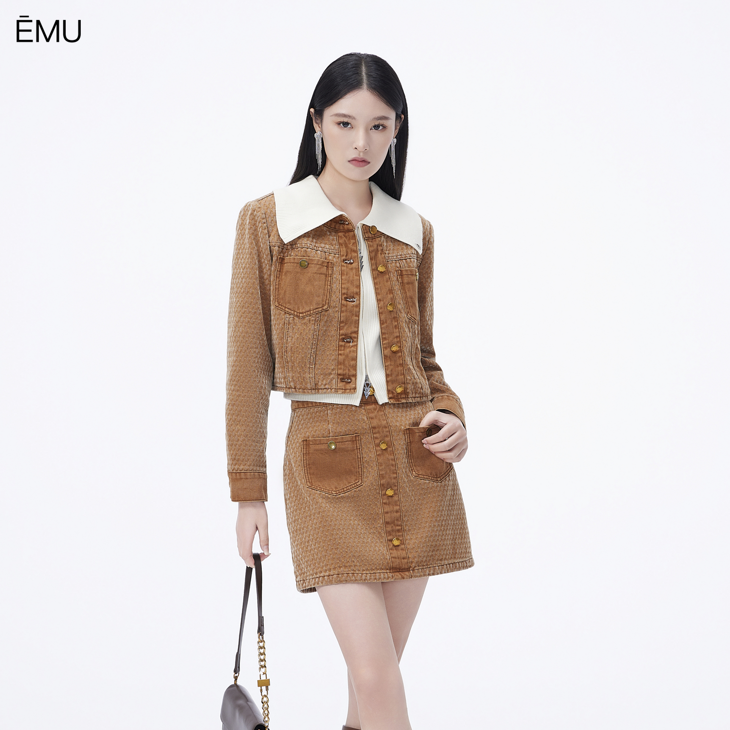 依妙EMU红玫瑰肌理感绒面牛仔套装长袖短款上衣时尚短裙
