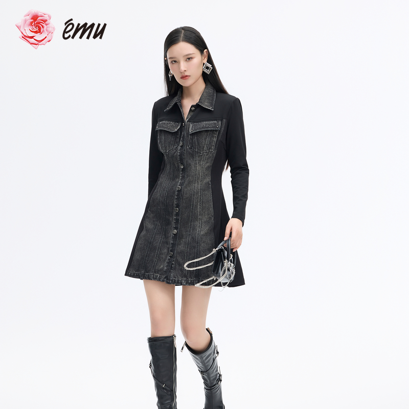 依妙EMU拼接水洗牛仔连衣裙2025秋季新款时尚高冷气质显瘦修身裙