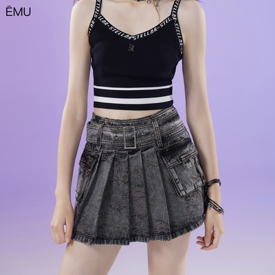 依妙EMU大口袋工装风牛仔半裙2025夏款时尚潮流绣花百褶半身短裙