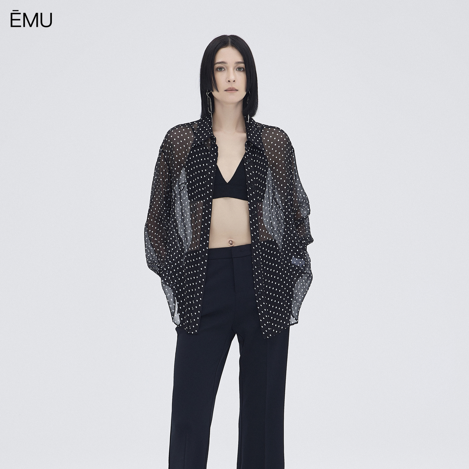 依妙EMU法式浪漫小性感透视桑蚕丝上衣女2025秋波点印花真丝衬衫