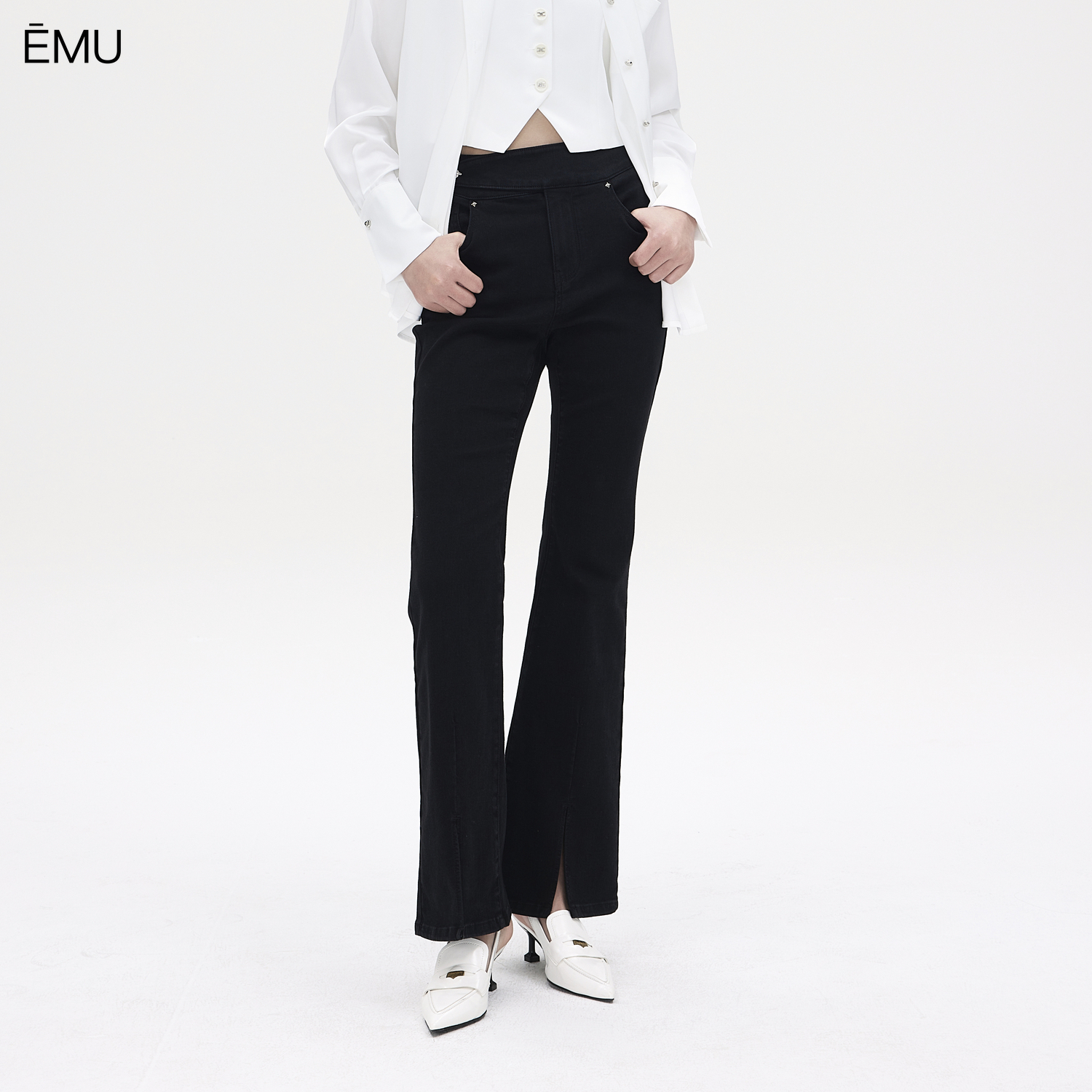 依妙EMU开叉微喇牛仔裤女2025年夏季新款高腰显瘦不规则摇头裤子