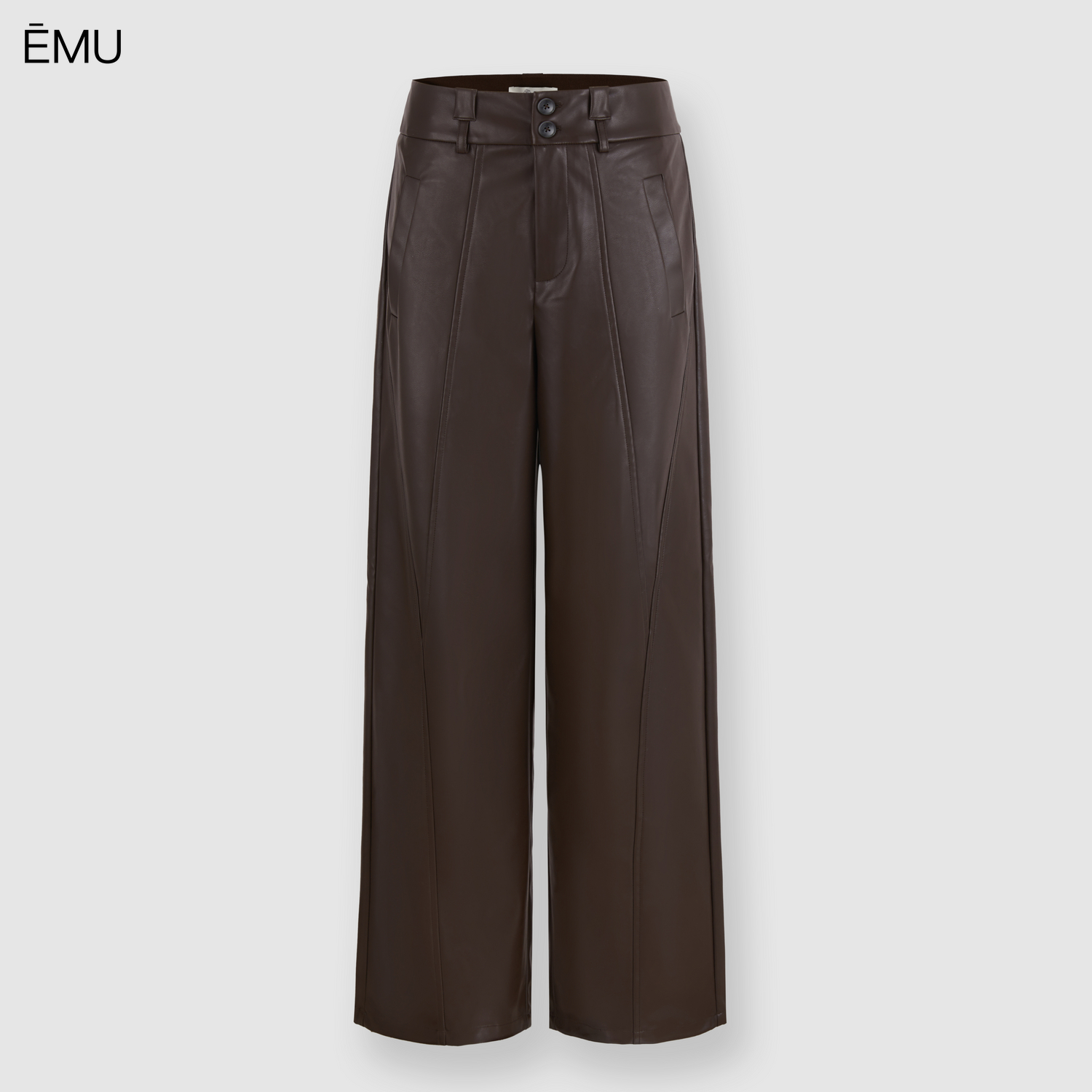 依妙EMU高腰复古直筒皮裤秋季双扣通勤时尚显瘦百搭PU裤