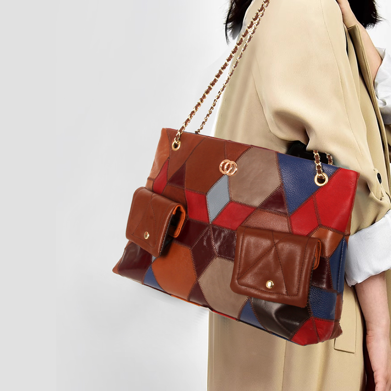 单肩包女士牛皮小香风菱格拼接