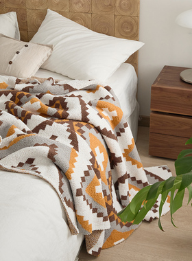 北欧几何纹盖毯 户外针织毯客厅盖腿毯车用毯披肩毯 保暖毛毯黄色