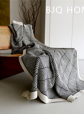 黑白几何针织毯 轻奢软装沙发搭毯搭巾单人午休毛毯 复古盖毯披肩