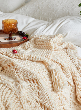 北欧简约风手工编织毛毯纯棉针织毯子沙发毯午睡毯空调毯