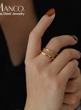 eManco饰品钛钢戒指欧美时尚手饰女士不锈钢个性ins指环镀18K金色