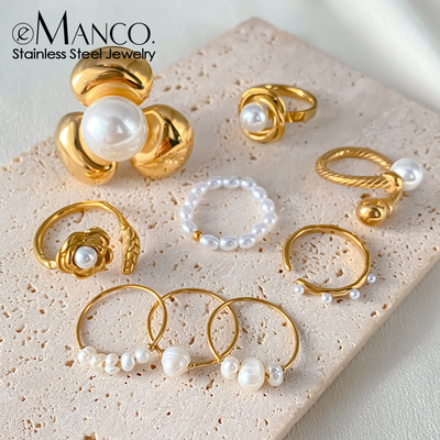 eManco新款不锈钢开口仿珍珠戒指