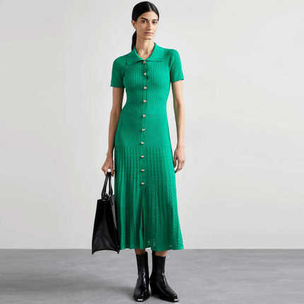 French Retro Polo Collar Gold Button Ribbed Knit Dress for Women, Slim Fit Short Sleeve Hollow-Out Turn-Down Collar Waist-Cinching Long Dress