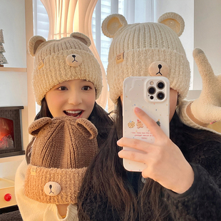 冬季针织帽网红简约ins风保暖套头小熊帽子学生女生加厚卡通毛绒