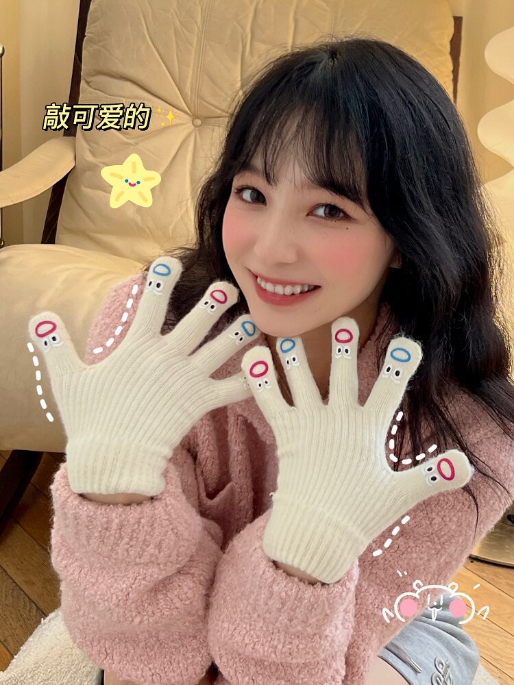 AUTUMN AND WINTER WARM KNITTED GLOVES STUDENT CYCLING CREATIVITY FUNNY INTERNET CELEBRITY FIVE-FINGER EXPRESSION FULL FINGER GLOVES TOUCHSCREEN