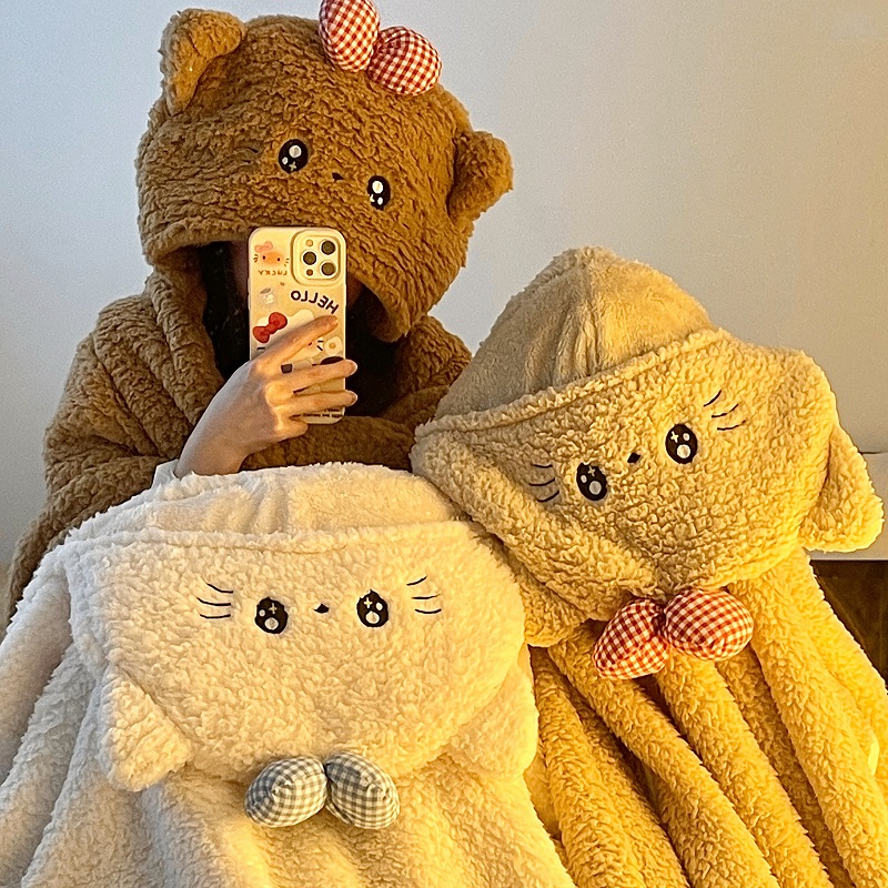 可爱猫咪披肩毯连帽披风冬季毛绒保暖防寒女生毛毯上班族学生盖腿