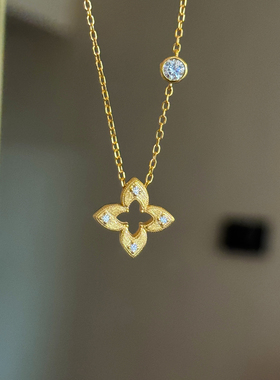 纯银拉丝工艺四叶草项链高级感轻奢小众女款配饰毛衣链手链锁骨链